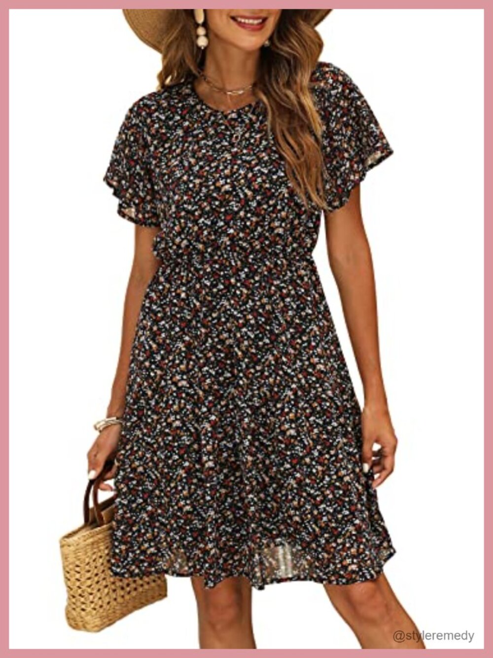 Women's Floral Chiffon Knee-Length Summer Dress with Flutter Sleeves
